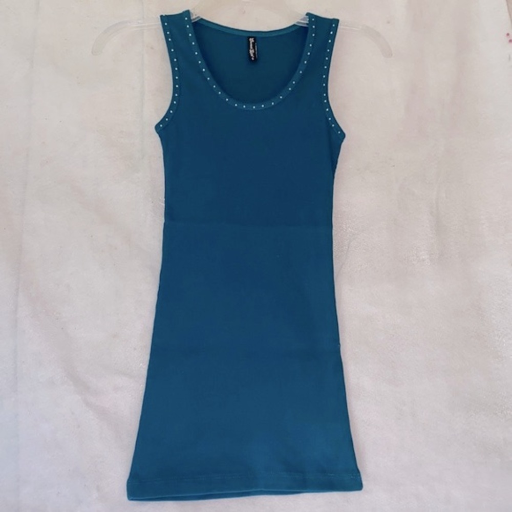 Turquoise Rhinestone Scoop Neck Tank Top Rhinestone Bling Size S